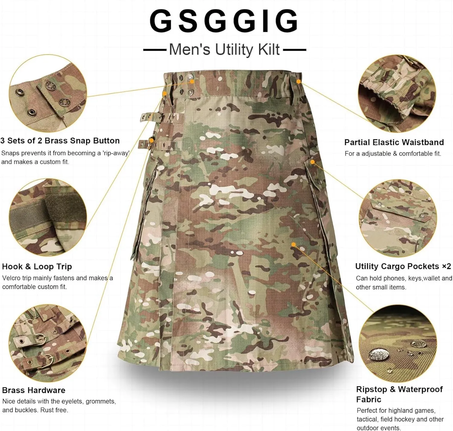 Men's Camo Scottish Outdoor Utility Kilt - 23" Length Pleated Tactical Irish Hybrid Kilt With Pockets
