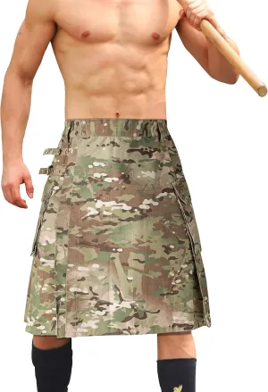 Men's Camo Scottish Outdoor Utility Kilt - 23" Length Pleated Tactical Irish Hybrid Kilt With Pockets