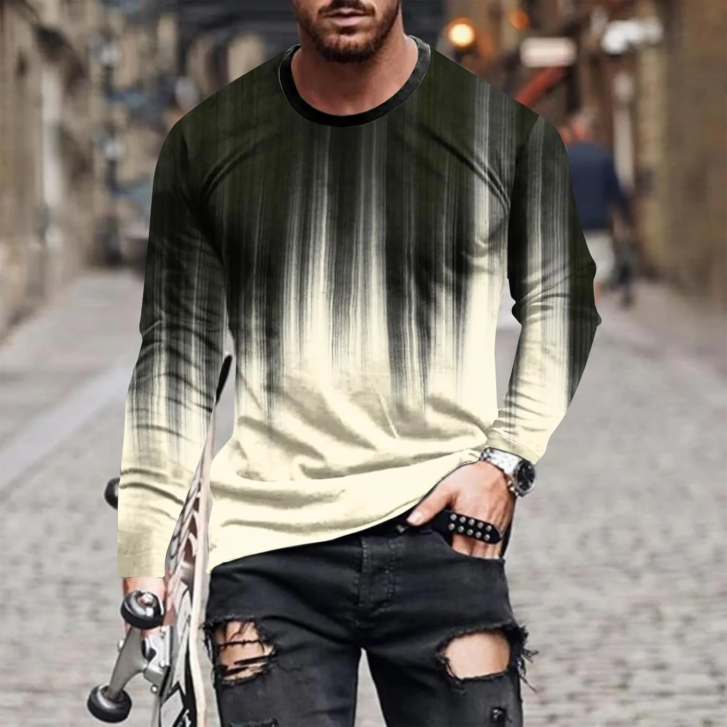 Men's Casual Round Neck Long Sleeve Pullover Printed T-Shirt Blouse Tops, 2024 Tall and Big Mens Tops Fall Trendy