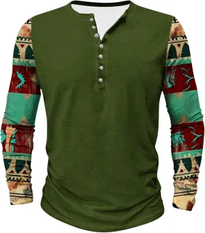Men's Fashion Casual Ethnic Style Printed Long Sleeve Crewneck Top/shirt Soft Pullover,2024 Tall and Big Mens