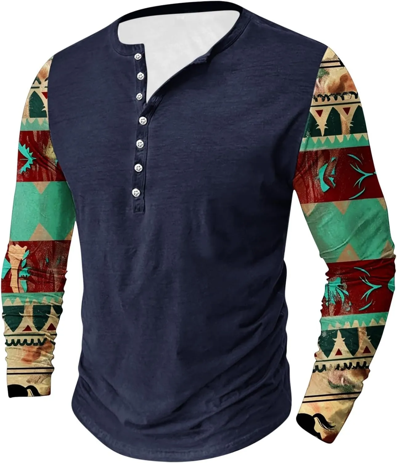 Men's Fashion Casual Ethnic Style Printed Long Sleeve Crewneck Top/shirt Soft Pullover,2024 Tall and Big Mens