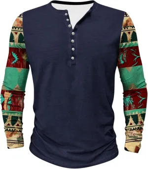 Men's Fashion Casual Ethnic Style Printed Long Sleeve Crewneck Top/shirt Soft Pullover,2024 Tall and Big Mens