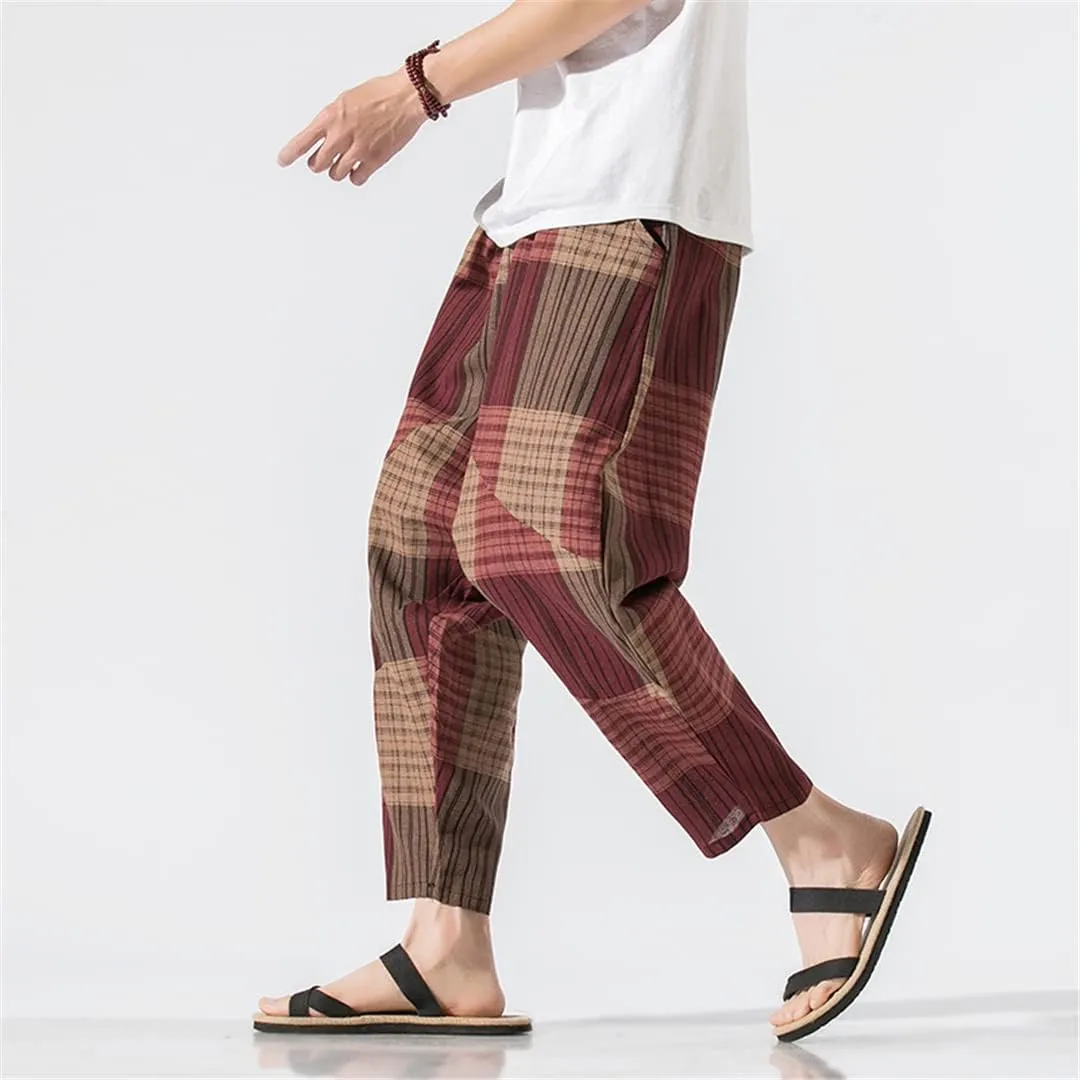 Men's Harem Pants Wide-Leg Pants Male Trousers Casual Cotton Linen Spliced Baggy Sweatpants