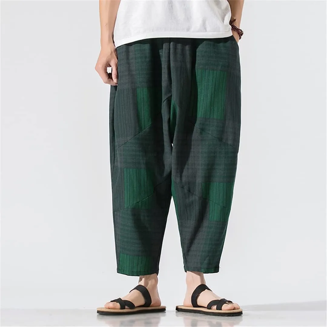 Men's Harem Pants Wide-Leg Pants Male Trousers Casual Cotton Linen Spliced Baggy Sweatpants