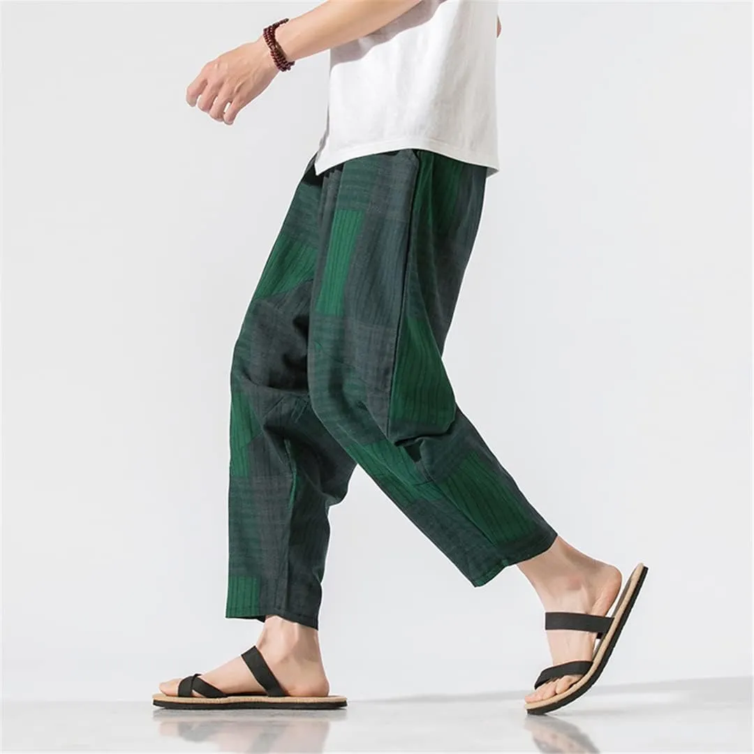 Men's Harem Pants Wide-Leg Pants Male Trousers Casual Cotton Linen Spliced Baggy Sweatpants