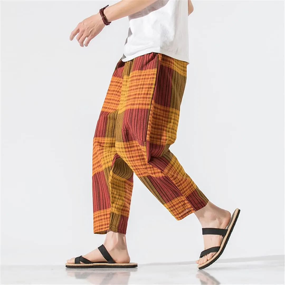 Men's Harem Pants Wide-Leg Pants Male Trousers Casual Cotton Linen Spliced Baggy Sweatpants