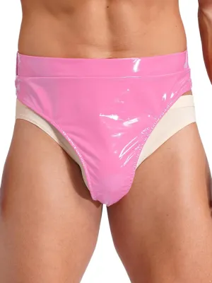 Men's Liquid Wet Look Patent Leather Briefs Thongs Hot Pants Butt-Flaunting Sissy Panties
