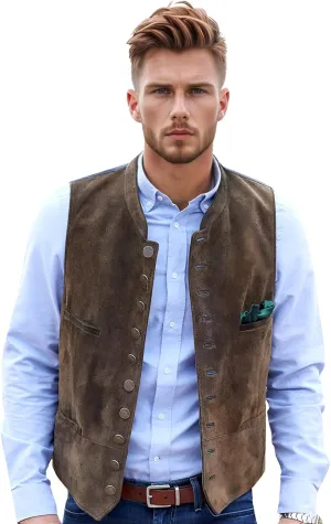 Men's Suede Leather Vest Casual Western Cowboy Jacket Wedding Waistcoat