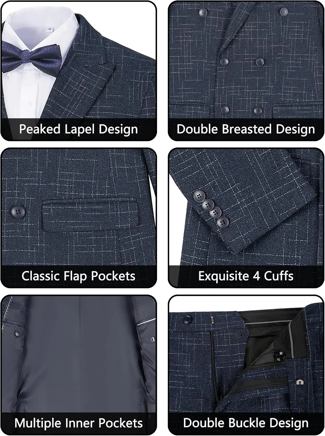 Mens Suits 3 Piece Plaid Slim Fit Tuxedo Double Breasted Prom Dress Suits Men Jackets Blazer Vest and Pants with Tie