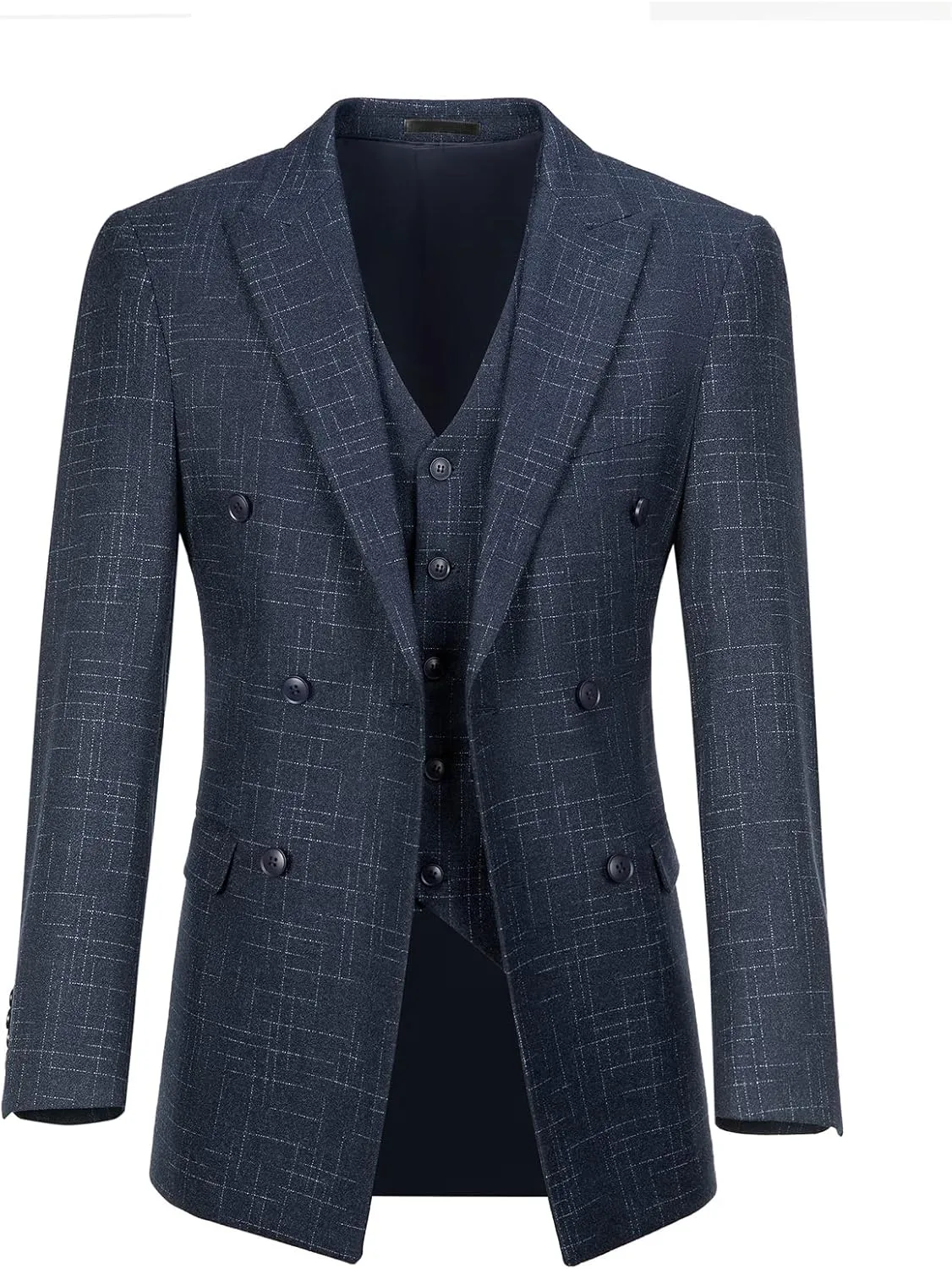 Mens Suits 3 Piece Plaid Slim Fit Tuxedo Double Breasted Prom Dress Suits Men Jackets Blazer Vest and Pants with Tie