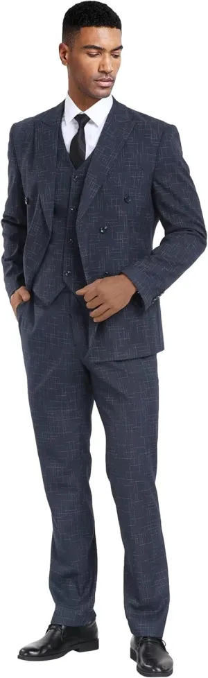 Mens Suits 3 Piece Plaid Slim Fit Tuxedo Double Breasted Prom Dress Suits Men Jackets Blazer Vest and Pants with Tie