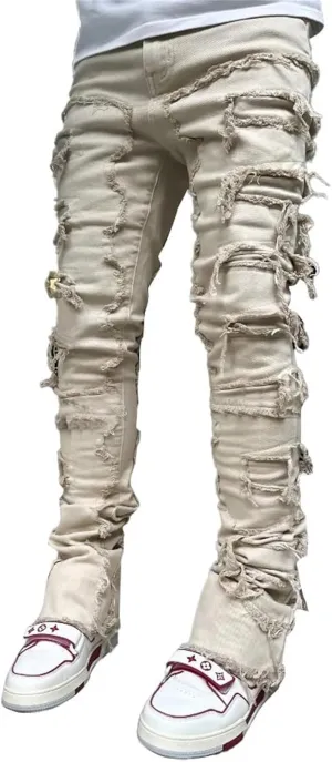 Mens Vintage Ripped Flared Leg Stacked Jeans Patchwork Bell Bottom Regular Fit 70s Hip Hop Distressed Denim Pants