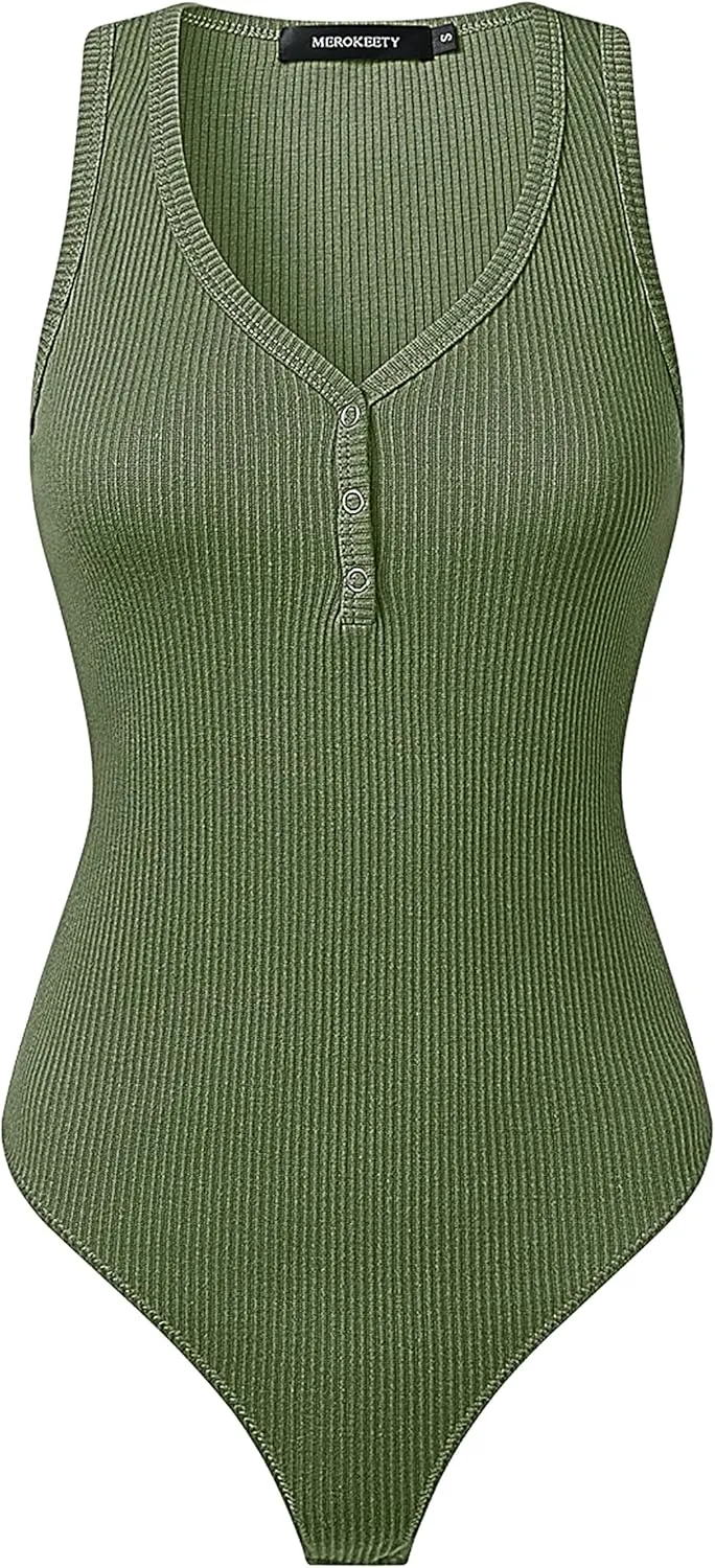 MEROKEETY Women's 2025 Ribbed Button V Neck Bodysuits Sleeveless Slim Fit Knit Body Suits