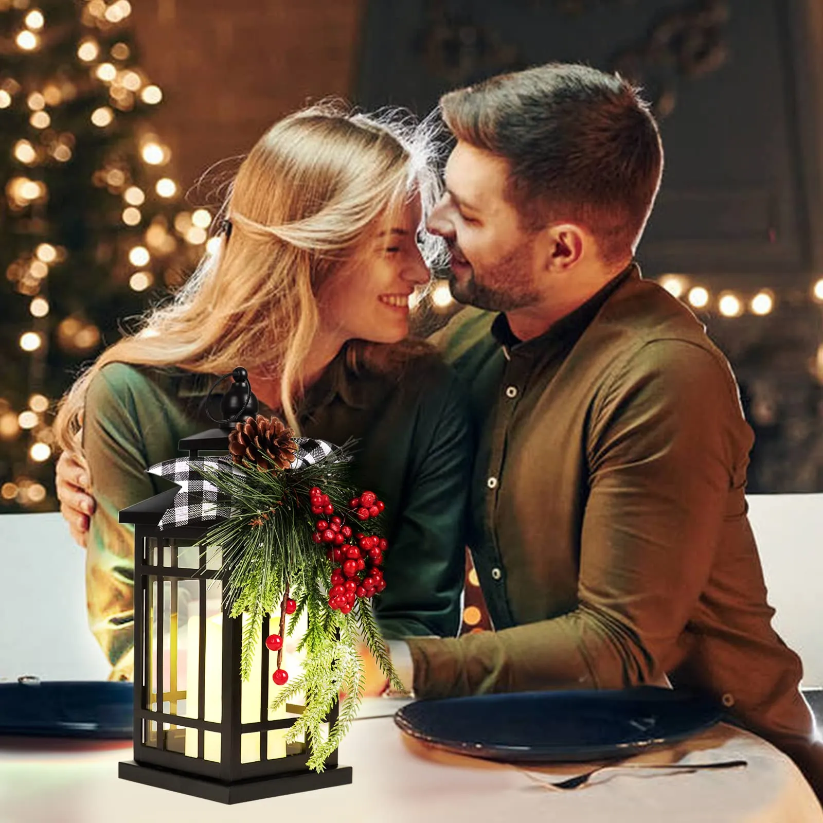 Metal Christmas Vintage Candle Lanterns with Led Light,Plaid Ribbon Decorative Hanging Lantern for Indoor Outdoor Decorations Party Gift,WOKEISE