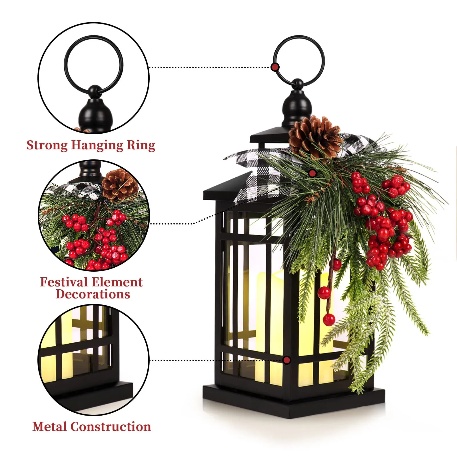Metal Christmas Vintage Candle Lanterns with Led Light,Plaid Ribbon Decorative Hanging Lantern for Indoor Outdoor Decorations Party Gift,WOKEISE