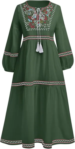 Mexican Embroidered Long Sleeve Maxi Dress for Women Traditional Mexican Embroidery Dress Drawstring Floral Print Long Dress