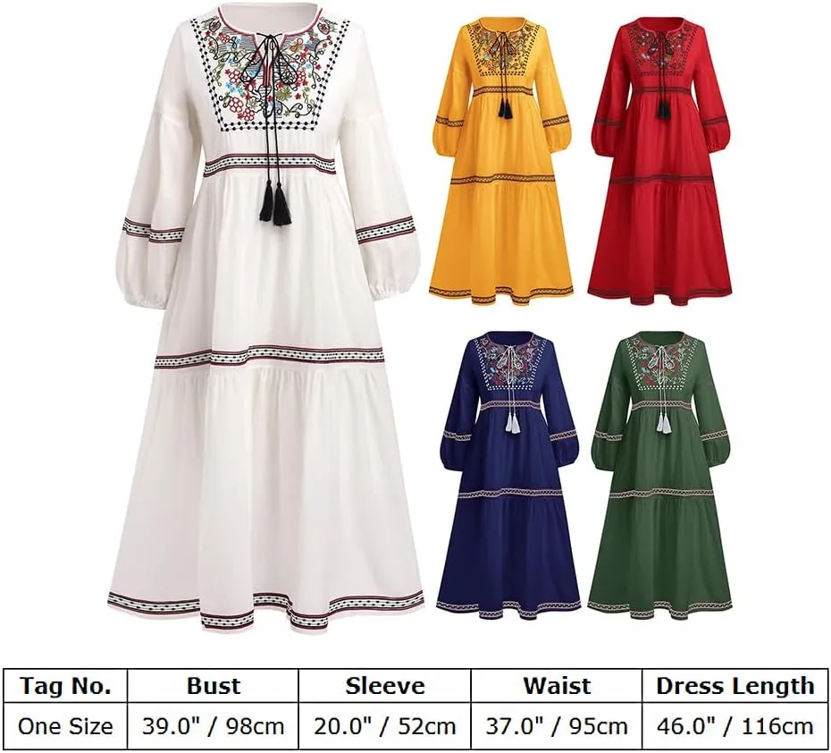 Mexican Embroidered Long Sleeve Maxi Dress for Women Traditional Mexican Embroidery Dress Drawstring Floral Print Long Dress