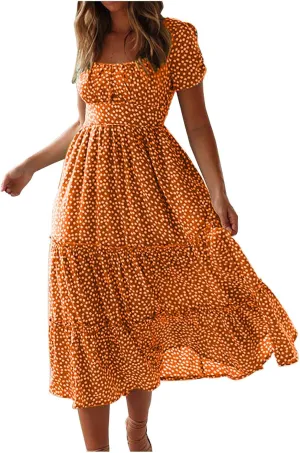 Midi Dresses for Women Floral Boho Beach Dress Casual Summer Sundresses High Waisted A Line Wedding Guest Party Dress