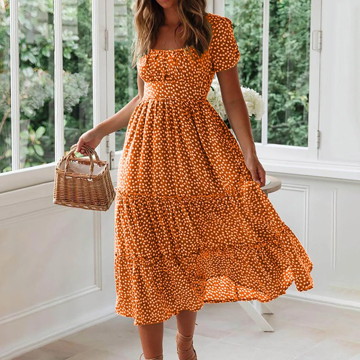 Midi Dresses for Women Floral Boho Beach Dress Casual Summer Sundresses High Waisted A Line Wedding Guest Party Dress