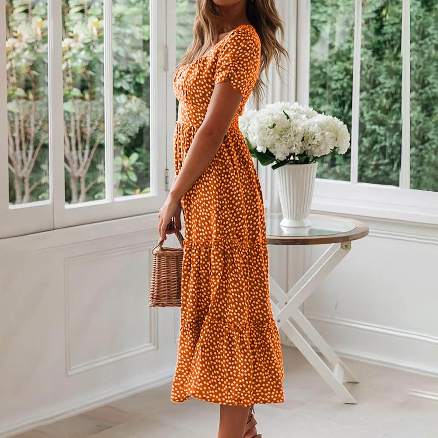 Midi Dresses for Women Floral Boho Beach Dress Casual Summer Sundresses High Waisted A Line Wedding Guest Party Dress