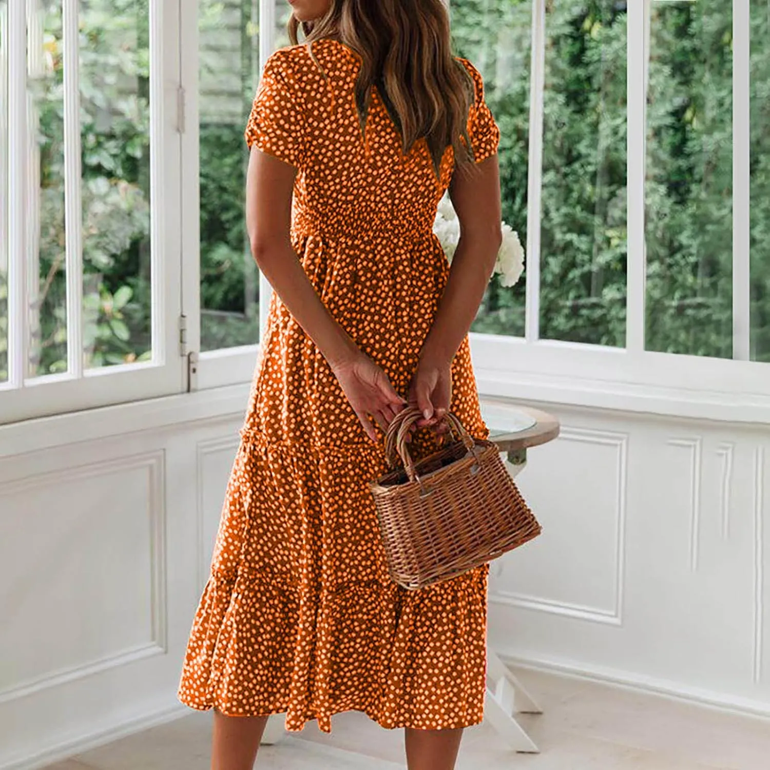 Midi Dresses for Women Floral Boho Beach Dress Casual Summer Sundresses High Waisted A Line Wedding Guest Party Dress