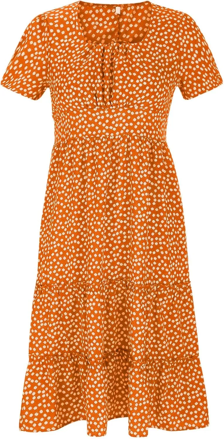 Midi Dresses for Women Floral Boho Beach Dress Casual Summer Sundresses High Waisted A Line Wedding Guest Party Dress