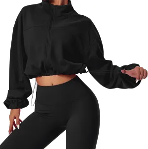 MISSACTIVER Women Casual Zip Up Stand Collar Crop Workout Sweatshirt Long Sleeve Drawstring Hem Cropped Sport Jackets Top