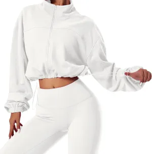 MISSACTIVER Women Casual Zip Up Stand Collar Crop Workout Sweatshirt Long Sleeve Drawstring Hem Cropped Sport Jackets Top