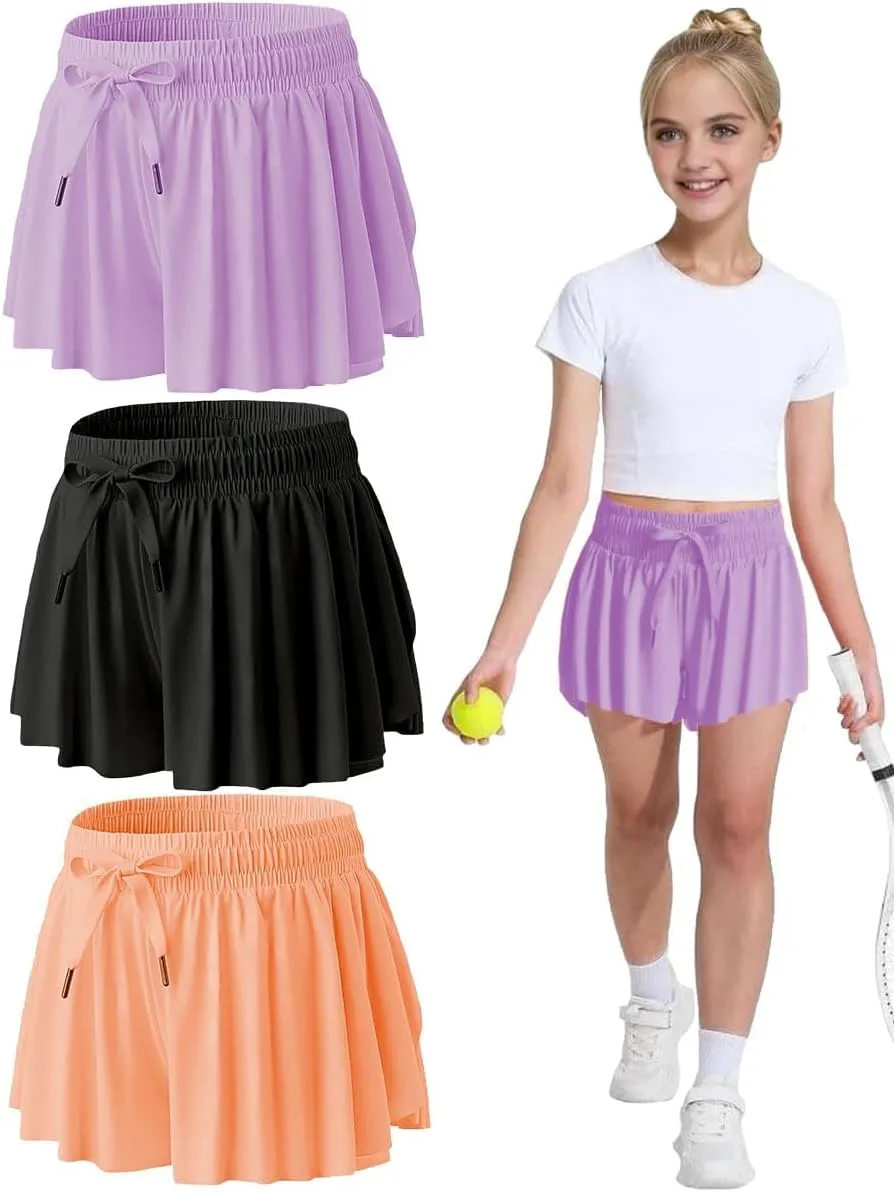 MODERN ASIR 3 Pack Girls Flowy Shorts with Spandex Liner 2-in-1 Youth Butterfly Skirts for Fitness, Running, Sports