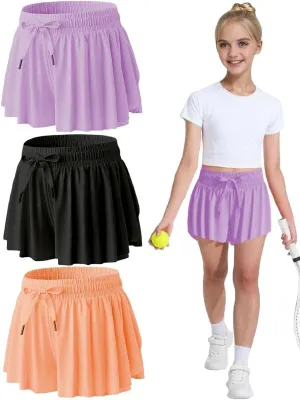 MODERN ASIR 3 Pack Girls Flowy Shorts with Spandex Liner 2-in-1 Youth Butterfly Skirts for Fitness, Running, Sports