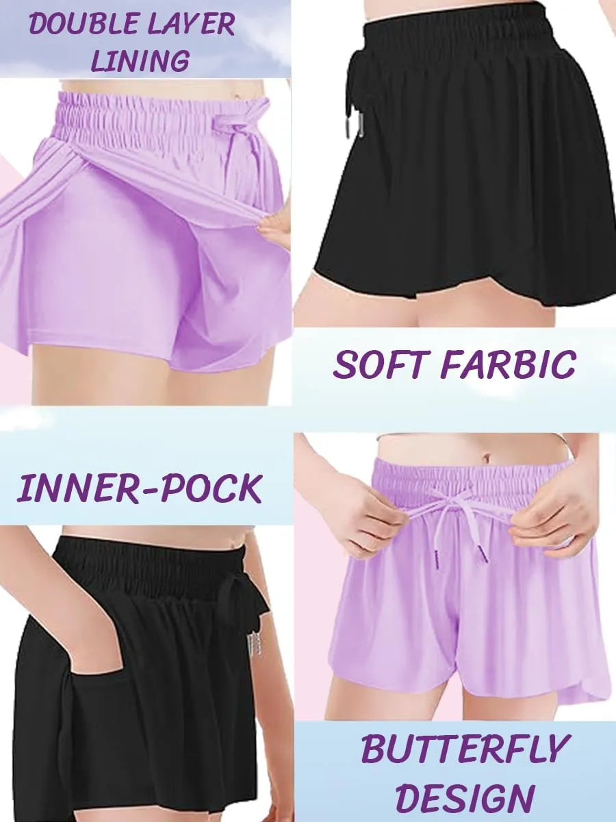 MODERN ASIR 3 Pack Girls Flowy Shorts with Spandex Liner 2-in-1 Youth Butterfly Skirts for Fitness, Running, Sports