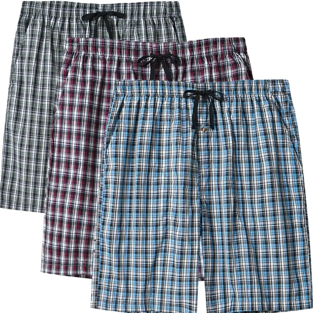 MoFiz Men's Sleepwear Shorts Pajama Bottom Lounge Short Plaid Button Open Fly 3Pack