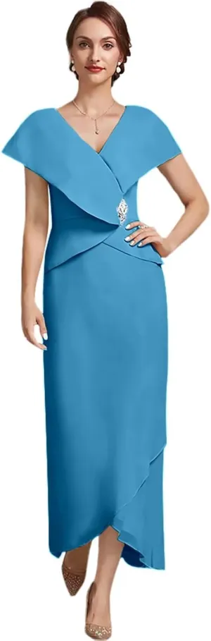 Mother of The Bride Dresses A-line V-Neck Tea Length Chiffon Shawl Sleeves Long Formal Evening Gowns with Sequins Beading