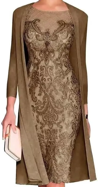 Mother of The Bride Dresses with Jackets Women's Tea Length Lace Chiffon Wedding Guest Dress 2 Pieces Evening Gowns LVY007