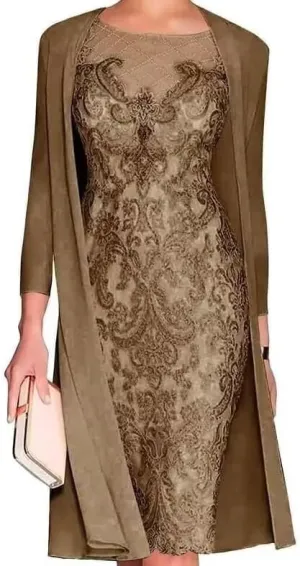 Mother of The Bride Dresses with Jackets Women's Tea Length Lace Chiffon Wedding Guest Dress 2 Pieces Evening Gowns LVY007