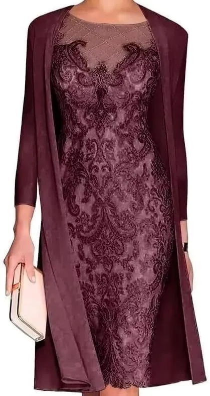 Mother of The Bride Dresses with Jackets Women's Tea Length Lace Chiffon Wedding Guest Dress 2 Pieces Evening Gowns LVY007