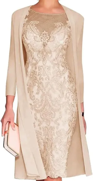 Mother of The Bride Dresses with Jackets Women's Tea Length Lace Chiffon Wedding Guest Dress 2 Pieces Evening Gowns LVY007