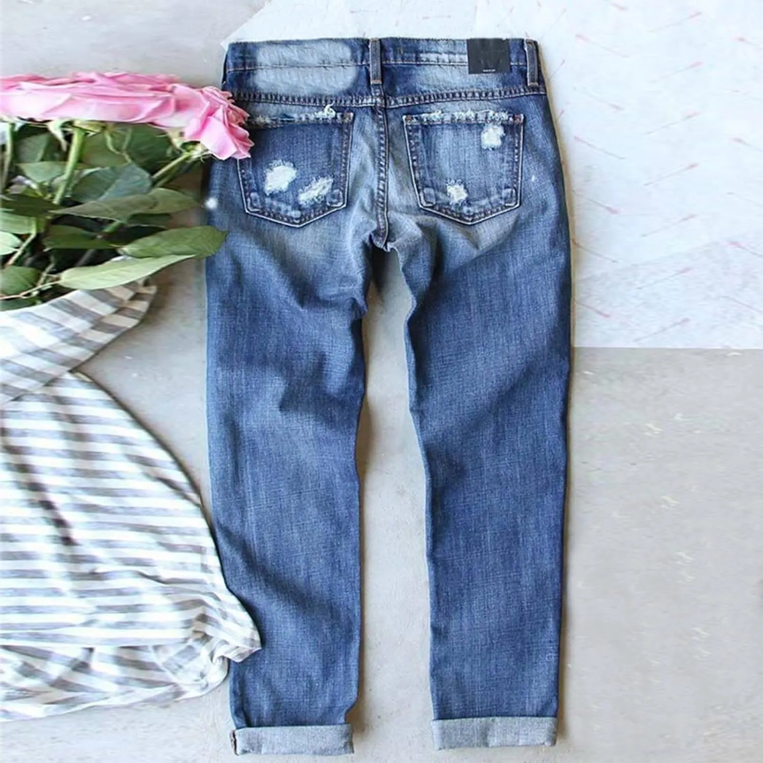 Muyise Women High Waist Skinny Stretch Ripped Jeans Sunflower Patch Destroyed Straight Leg Boyfriend Denim Pants with Pockets