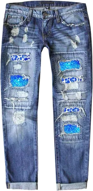 Muyise Women High Waist Skinny Stretch Ripped Jeans Sunflower Patch Destroyed Straight Leg Boyfriend Denim Pants with Pockets
