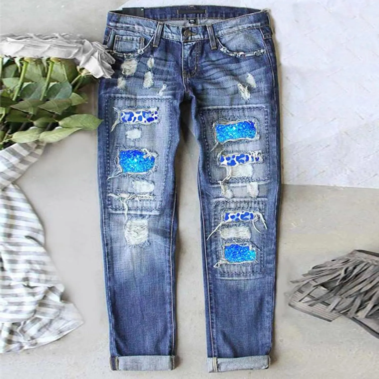 Muyise Women High Waist Skinny Stretch Ripped Jeans Sunflower Patch Destroyed Straight Leg Boyfriend Denim Pants with Pockets