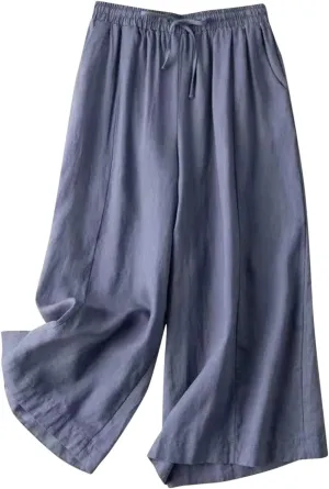 NATHGAM Plus Size Pants for Women Loose Wide Leg Athletic Pants Comfy Linen High Waist Flowy Palazzo Trousers with Pockets