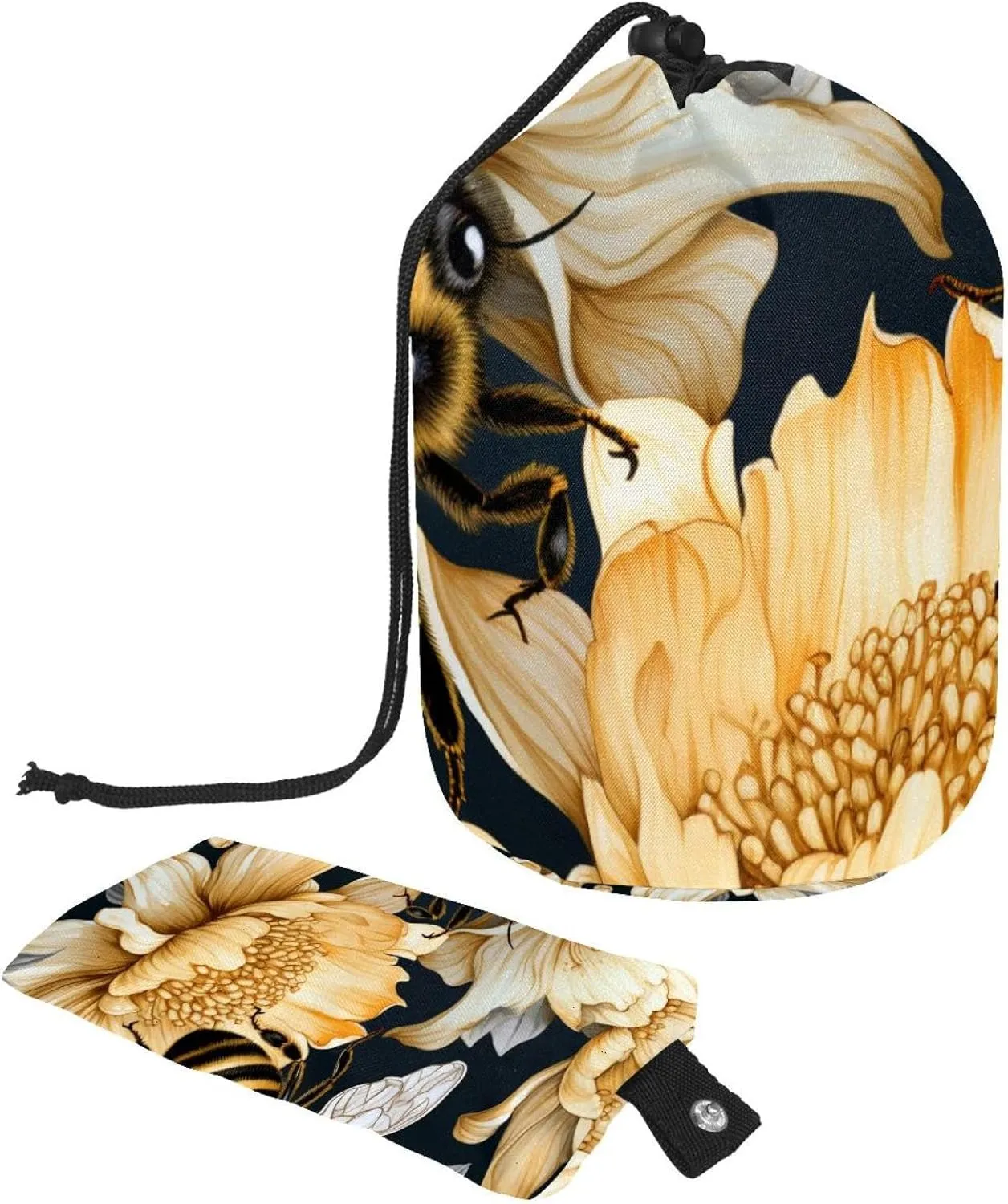 Nature Bee Flowers Travel Cosmetic Bags Makeup Bag for Women, Foldable Drawstring Travel Cosmetic Bags, Portable Toiletry Bucket Bag