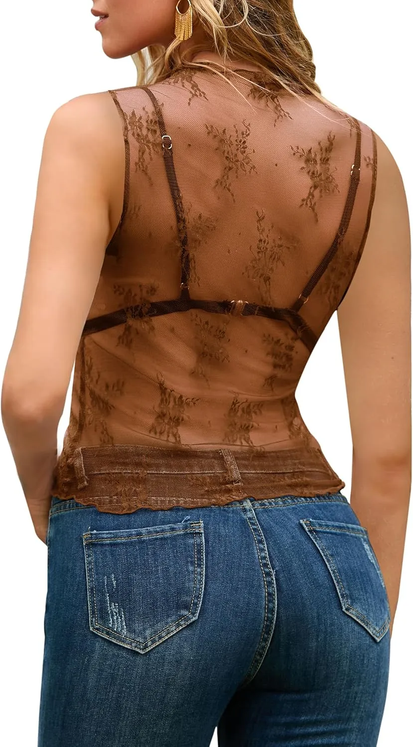 NENONA Women's 2025 Sleeveless Mesh Sheer Tops Mock Neck Lace Floral See Through Tank Shirts