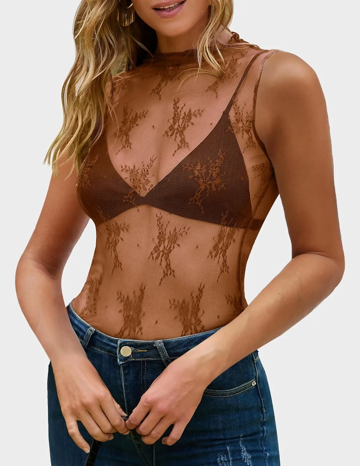 NENONA Women's 2025 Sleeveless Mesh Sheer Tops Mock Neck Lace Floral See Through Tank Shirts