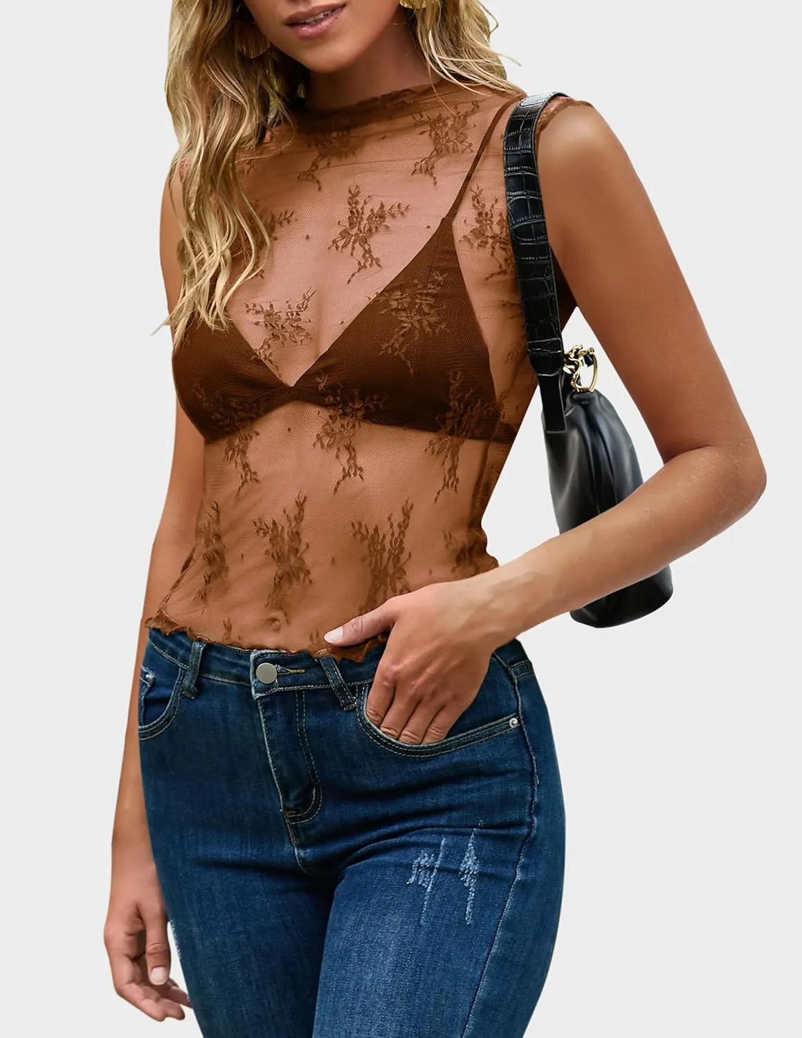 NENONA Women's 2025 Sleeveless Mesh Sheer Tops Mock Neck Lace Floral See Through Tank Shirts