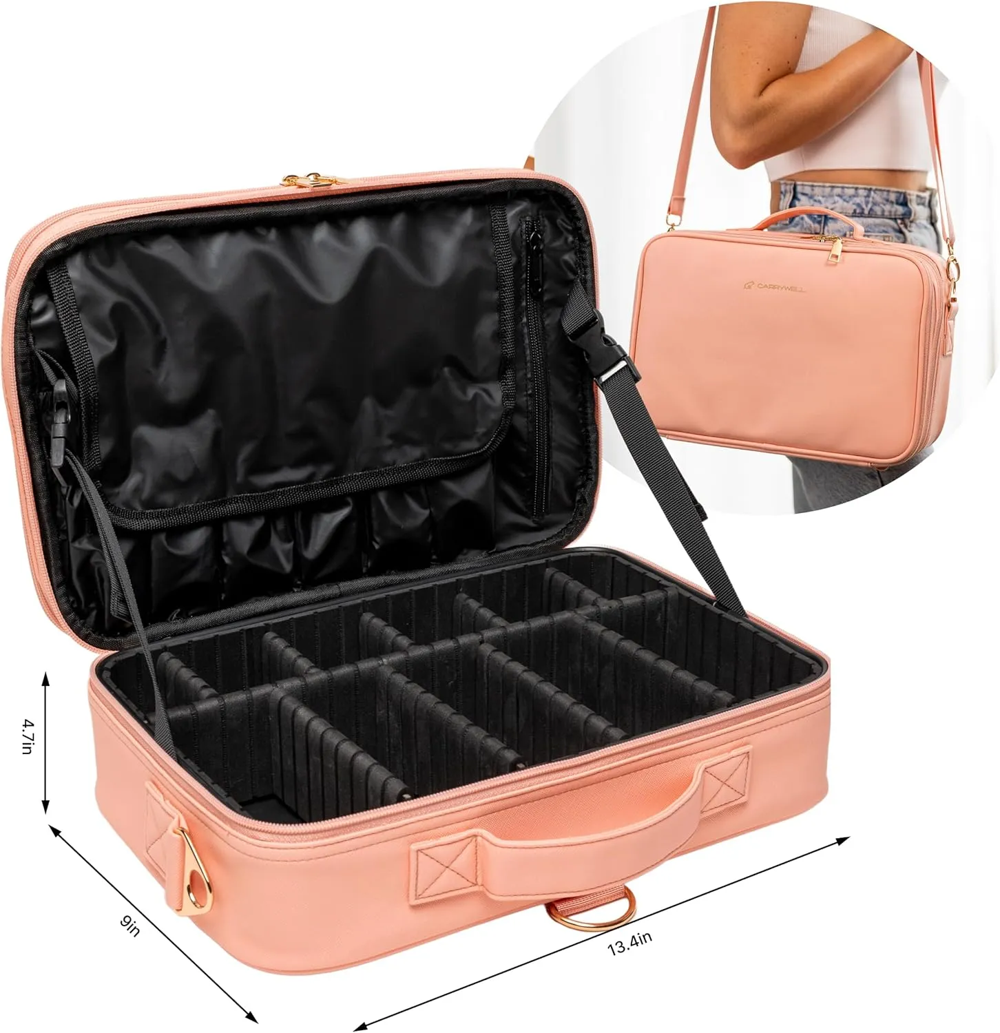 (Not Made In China) Makeup Train Case, Cosmetic Organizer Bag, Travel Make Up Storage With Adjustable Dividers For Cosmetics, Jewelry, Fragrance, Nail Polish and Brushes (1, Pink, Large)