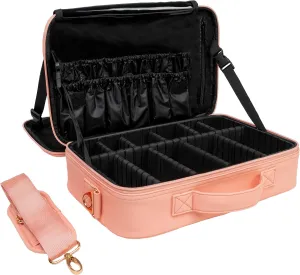 (Not Made In China) Makeup Train Case, Cosmetic Organizer Bag, Travel Make Up Storage With Adjustable Dividers For Cosmetics, Jewelry, Fragrance, Nail Polish and Brushes (1, Pink, Large)