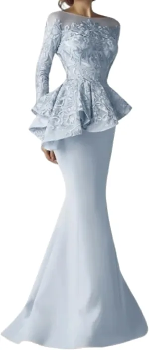 Noufany Mermaid Lace Mother of The Bride Dress Scoop Neck Long Sleeve Floor Length Formal Wedding Guest Dresses with Peplum