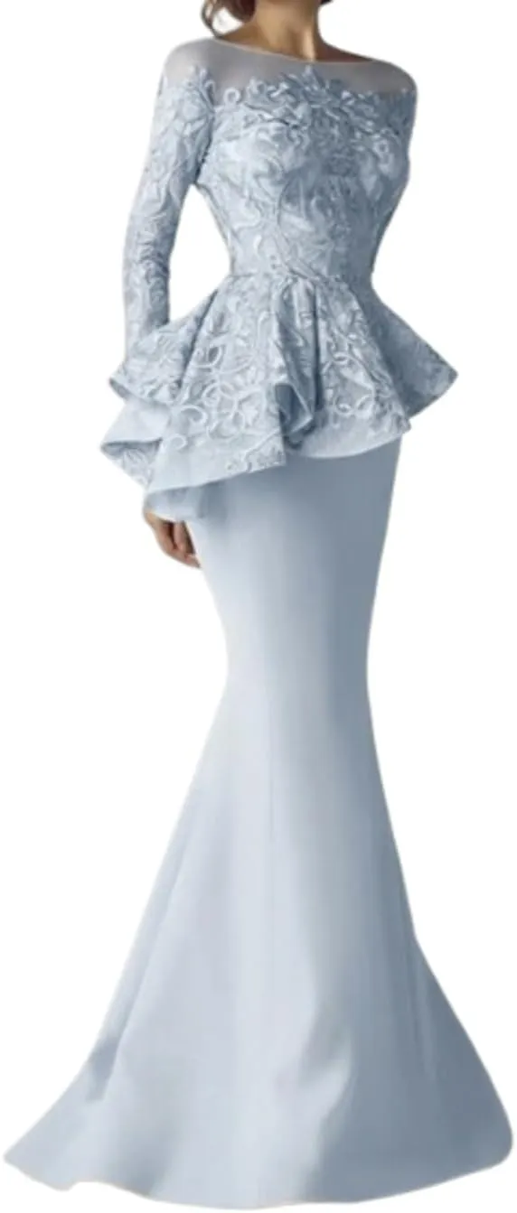 Noufany Mermaid Lace Mother of The Bride Dress Scoop Neck Long Sleeve Floor Length Formal Wedding Guest Dresses with Peplum