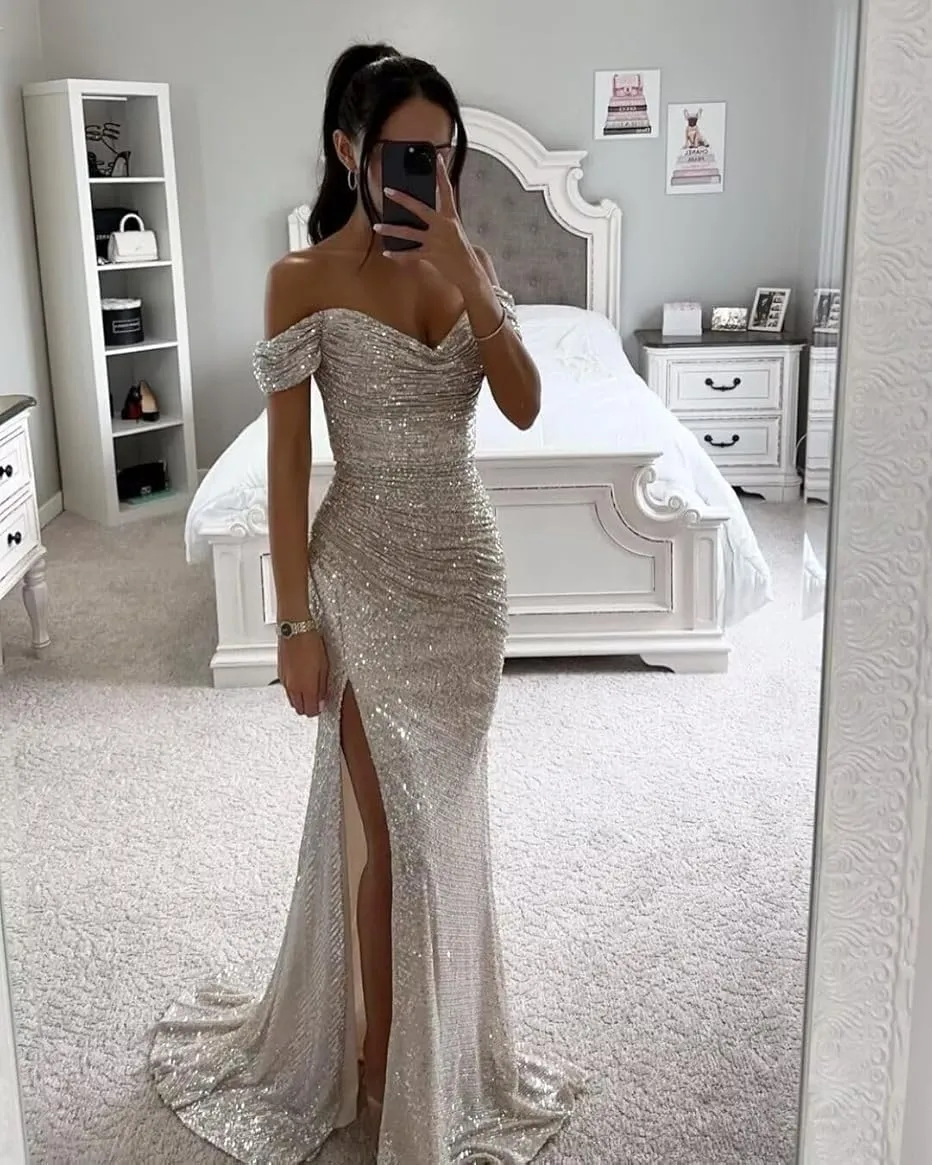 Off Shoulder Sequin Prom Dress for Women Mermaid Long Sparkly Bridesmaid Dresses Slit Formal Gown MAOF010